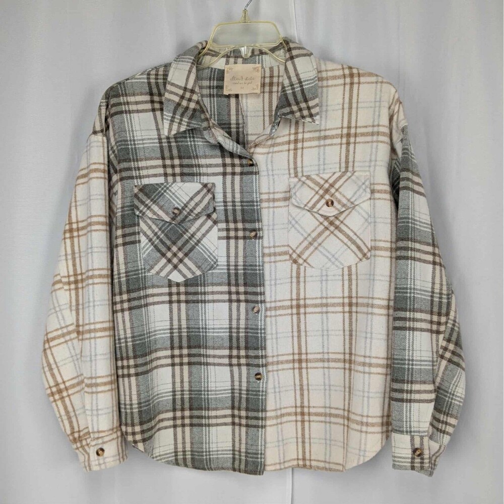 Altar'd State Cream and Green Plaid Button Down Top Women's Size Medium Shacket